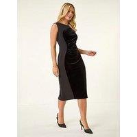 Roman Petite Velvet Constrast Ruched Dress - Black