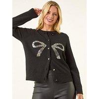 Roman Petite Bow Sequin Knit Cardigan - Black