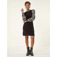 Roman Animal Print Mix Frill Short Dress - Grey