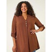 Roman Curve Textured Buttoned Tunic Top - Chocolate