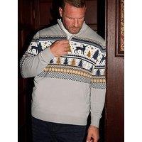 Badrhino Stag Quarter Zip Fairisle Knitted Christmas Jumper - Grey