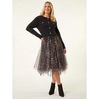 Roman Petite Animal Knitted Mesh Dress - Black
