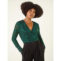 Roman Sequin Lace V-Neck Stretch Jumpsuit - Green