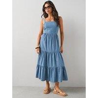 The Very Collection Denim Ticking Stripe Tiered Dress - Mid Wash