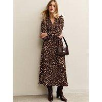 New Look Brown Crinkle Texture Printed Midi Shirt Dress