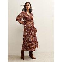 New Look Paisley Print V-Neck Long Sleeve Midi Dress - Brown