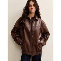 New Look Dark Brown Faux Leather Oversized Bomber Jacket