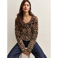 New Look Fluffy Knit Leopard Pattern Cardigan - Brown