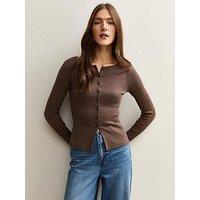 New Look Dark Brown Rib Button Up Long Sleeve Top