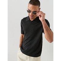 Calvin Klein Open Collar Linen Blend Knitted Polo Shirt - Black