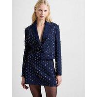 French Connection Embellished Single Breasted Long Sleeve Cropped Blazer - Navy