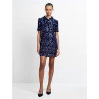French Connection Velvet And Sequin Collared Button Short Sleeve Dress - Blue