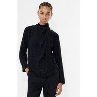 French Connection Draped Diamante High Neck Long Sleeve Blouse - Black