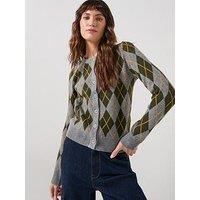 Vero Moda Sage Long Sleeve Argyle Knitted Cardigan - Grey