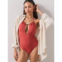 The Very Collection Plunge Bead Trim Halter Swimsuit - Terracota