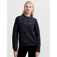French Connection Embellished High Neck Long Sleeve Cosy Jumper - Grey
