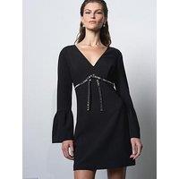 French Connection V-Neck Diamante Bow Long Bell Sleeve Mini Twill Dress - Black