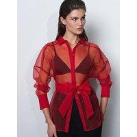 French Connection Sheer Organza Long Sleeve Tie Waist Collared Blouse - Red