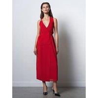 French Connection Tailored Sleeveless Wrap-Over Buckle Midi Dress - Red