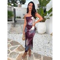 Ax Paris Smudge Print Ruched Side Strappy Midi Dress - Purple
