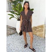 Ax Paris Polka Dot Print Wrap Top Skater Mini Dress - Brown