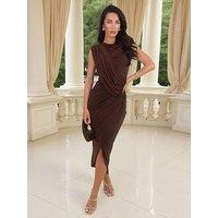 Ax Paris Draped Sash Top Wrap Skirt Midi Dress - Brown
