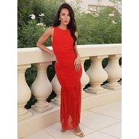 Ax Paris Ruched Mesh Midi Dress - Orange