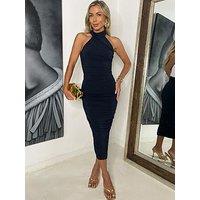 Ax Paris Draped Halter Neck Ruched Midi Dress - Navy