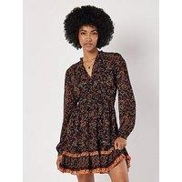 Apricot Paisley Border Ruffle Dress - Black