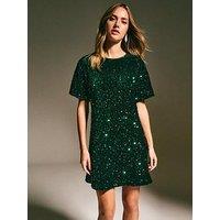 New Look Velvet Sequin T-Shirt Dress - Green