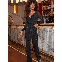 Sosandar Sparkle Wrap Front Wide Leg Jumpsuit - Black