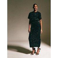 New Look Black Velvet Sequin Embellished Midi Skirt