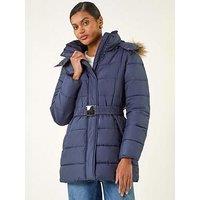 Roman Faux Fur Padded Belt Coat - Blue