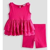 The Very Collection Girls Rib Broderie Frill Top & Shorts Set - Pink