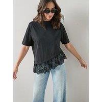 The Very Collection Lace Hem Asymmetric T-Shirt - Black