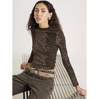 River Island Long Sleeve Ribbed Crew Neck Animal Top - Brown