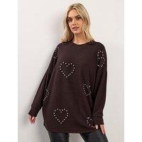 Yours Curve Pearl Heart Jumper - Brown