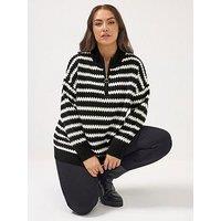 Yours Curve Quarter Zip Scallop Stripe Jumper - Black