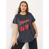Yours Curve Cherry Print T-Shirt - Grey