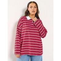 Yours Curve Rugby Collar Long Sleeve Stripe Top - Red