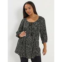 Yours Curve 3/4 Sleeve Tie Front Top - Black