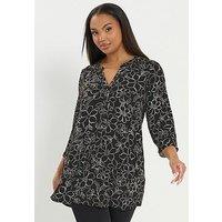 Yours Curve 3/4 Sleeve Placket Top - Black