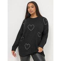 Yours Curve Diamante Heart Jumper - Black