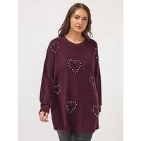 Yours Curve Diamante Heart Jumper - Purple