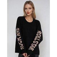 Religion Oversized Rock N' Roll Jumper In Soft Wool Mix Yarn With Slogan Sleeves - Black