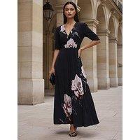 Religion Short Sleeved Diana Maxi Tea Dress With Large Rose Placement Print In Cupro