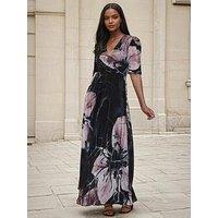 Religion Short Sleeve Florence Maxi Dress In Flattering Fit With Large Dark Floral