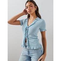 The Very Collection Collared V Neck Frill Cardigan - Blue
