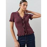 The Very Collection Collared V Neck Frill Cardigan - Brown