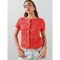 The Very Collection Crew Neck Puff Sleeve Crochet Cardigan - Orange